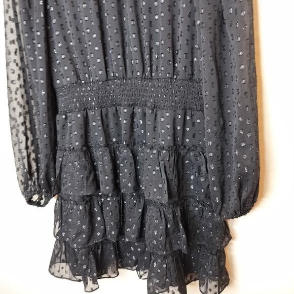 Express Black Chiffon Tiered Mini Dress Long Sheer Sleeve - Picture 6 of 13